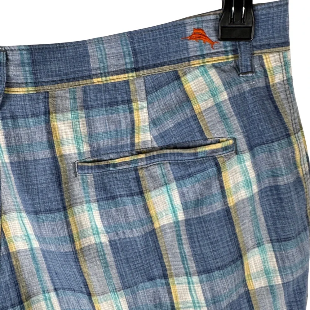 Tommy Bahama Mens Size 35 Beach Linen Silk Blend Plaid Shorts Blue Yellow Casual